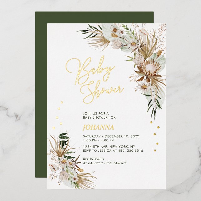 Invitation En Aluminium Baby Shower vert et or Boho Botanique  (Recto/Verso)