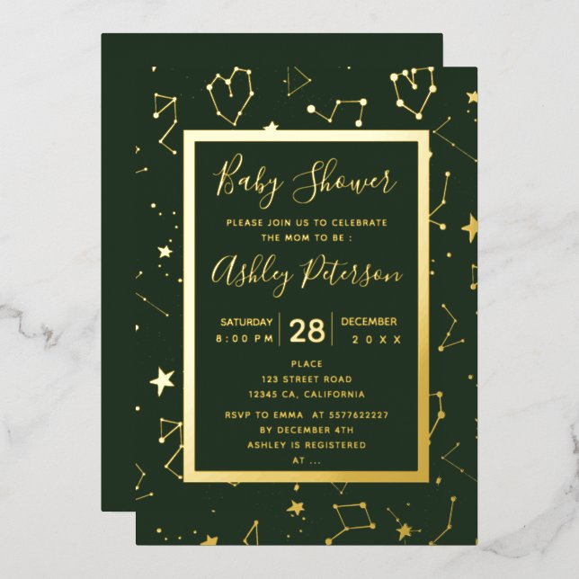 Invitation En Aluminium Baby shower vert étoile de constellation cardiaque (Recto/Verso)