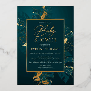 Invitation En Aluminium Baby shower vert foncé et véritable feuille d'or