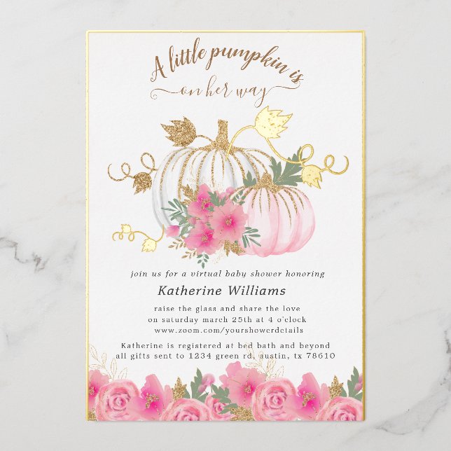 Invitation En Aluminium baby shower virtuel citrouille or blush (Recto)
