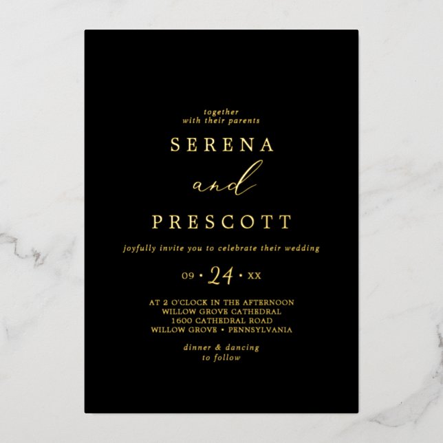 Invitation En Aluminium Baisse en or délicate | Mariage Décontracté noir (Recto)