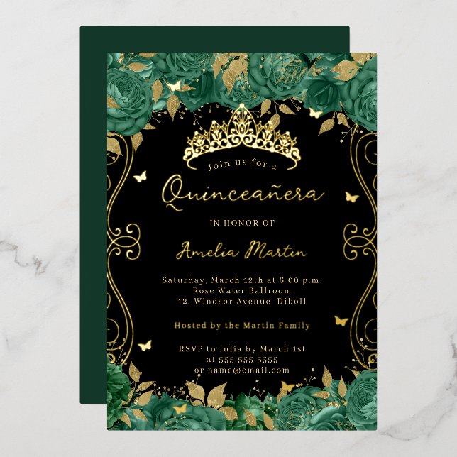 Invitation En Aluminium Balayage vert Quinceanera Florale (Recto/Verso)