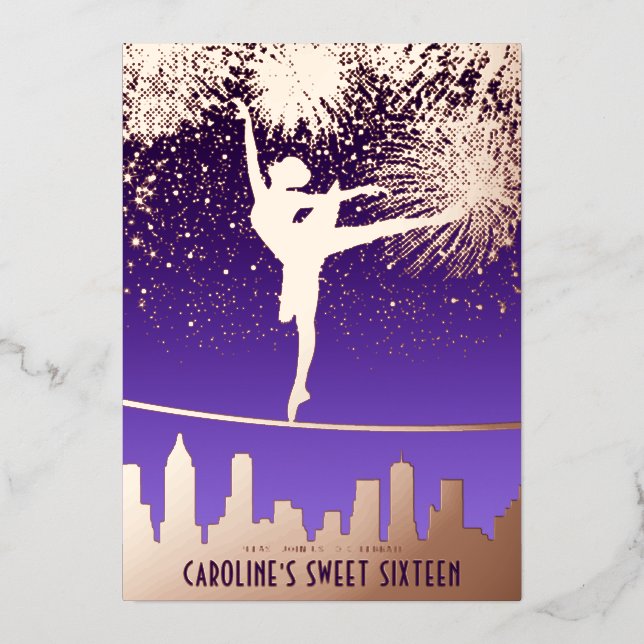 Invitation En Aluminium Ballerina NYC Skyline Fireworks Sweet 16 Rose Gold (Recto)