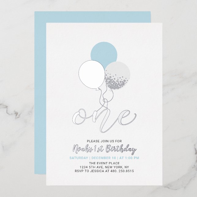 Invitation En Aluminium Ballons bleu et argent Un 1er garçon fête d'annive (Recto/Verso)