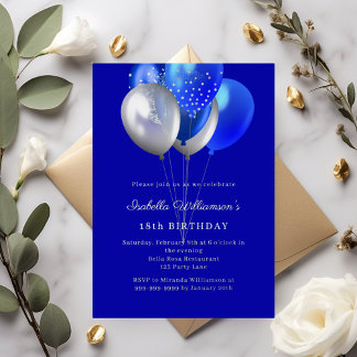 Invitation En Aluminium Ballons bleu royal anniversaire argent