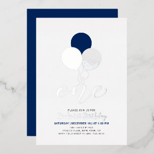 Invitation En Aluminium Ballons Bleus et Argentés Un 1er Anniversaire Garç