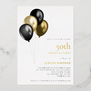 Invitation En Aluminium Ballons Noir Or Classy 50e Anniversaire Réel