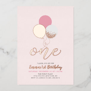 Invitation En Aluminium Ballons roses et or   Un 1er anniversaire pour fil