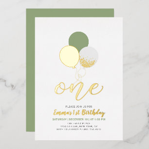 Invitation En Aluminium Ballons Sage & Gold Une 1ère fête d'anniversaire