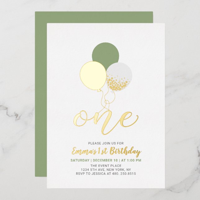 Invitation En Aluminium Ballons Sage & Gold | Une 1ère fête d'anniversaire (Recto/Verso)