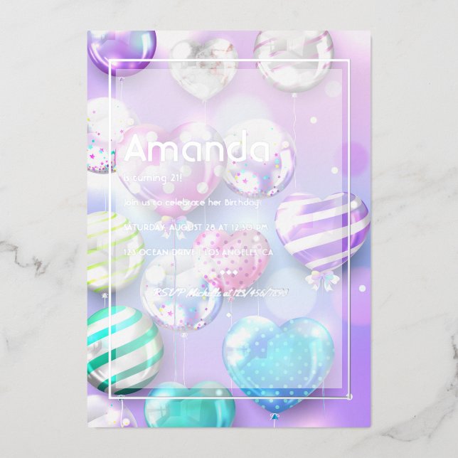 Invitation En Aluminium Balloon Bokeh fête d'anniversaire (Recto)
