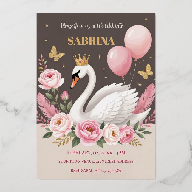 Invitation En Aluminium Balloon rose Swan Princesse Balloon Anniversaire (Recto)
