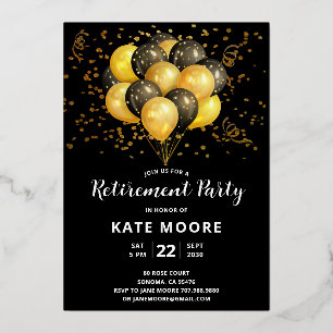 Invitation En Aluminium Balloons Noirs d'or pour la retraite moderne