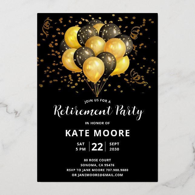Invitation En Aluminium Balloons Noirs d'or pour la retraite moderne (Recto)