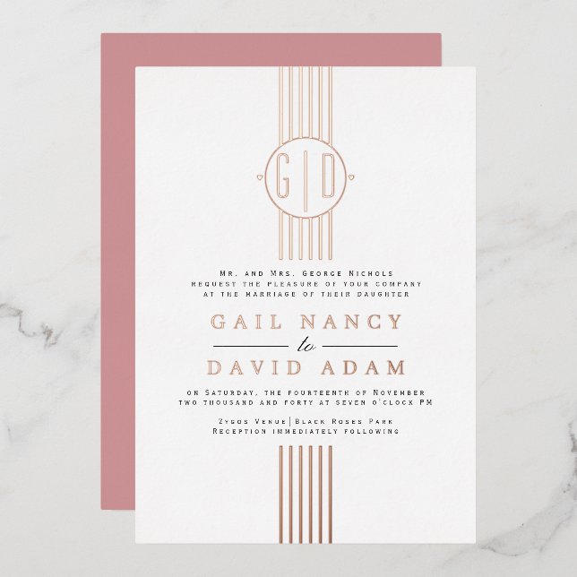 Invitation En Aluminium Bandes de feuille d'or rose, mariage monogramme (Recto/Verso)