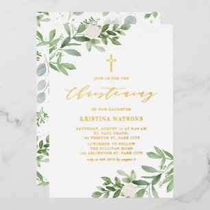 Invitation En Aluminium Baptême à la gouache de verdure et fleurs blanches