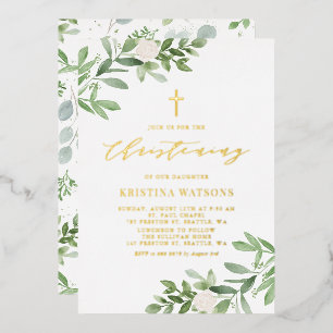 Invitation En Aluminium Baptême à la gouache de verdure et fleurs blanches