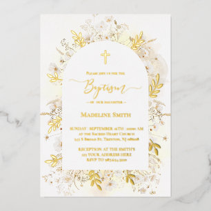 Invitation En Aluminium Baptême aquarelle fleurs blanches jaunes