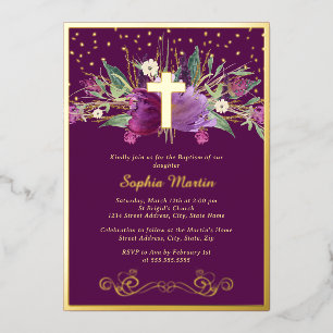 Invitation En Aluminium Baptême de croix florale d'Améthyste pourpre pétil
