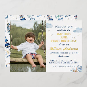 Invitation En Aluminium Baptême de garçon nautique et photo de 1er anniver