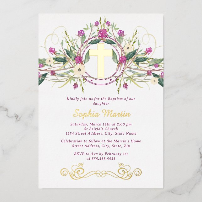 Invitation En Aluminium Baptême de la croix florale brillante (Recto)