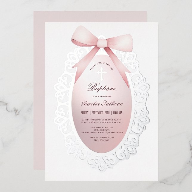 Invitation En Aluminium Baptême de l'arc rose en argent (Recto/Verso)