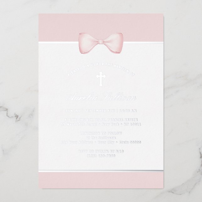 Invitation En Aluminium Baptême d'un cou rose pâle (Recto)