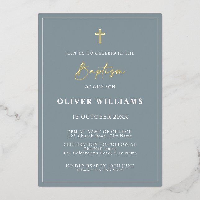 Invitation En Aluminium Baptême Dusty Blue & Gold Boy (Recto)