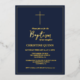 Invitation En Aluminium Baptême élégant bleu marine et or 