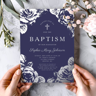 Invitation En Aluminium Baptême élégant garçon bleu marine argent floral