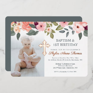 Invitation En Aluminium Baptême et 1er anniversaire aquarelle Fleurs photo
