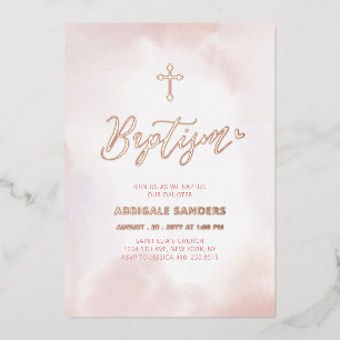 Invitation En Aluminium Baptême Fille au Cœur Rose Gold et Rose