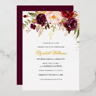 Invitation En Aluminium Baptême Fille Croix Florale Or Rouge Bourgogne