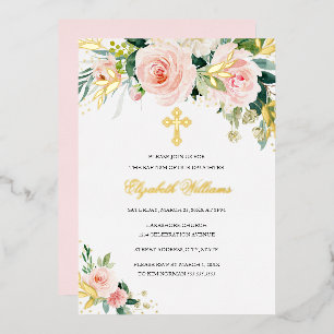 Invitation En Aluminium Baptême Fille Floral Aquarelle Rose Doré
