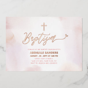 Invitation En Aluminium Baptême Fille Rose Gold & Cœur Rose