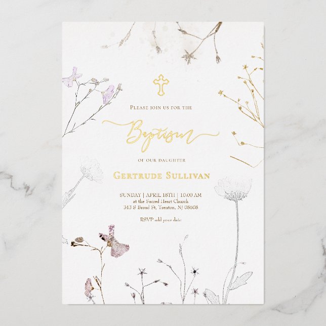 Invitation En Aluminium Baptême fleur sauvage délicat (Recto)