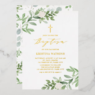 Invitation En Aluminium Baptême Fleurs Blanches et Feuillage à l'Aquarelle