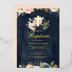 Invitation En Aluminium Baptême floral rose or Marine