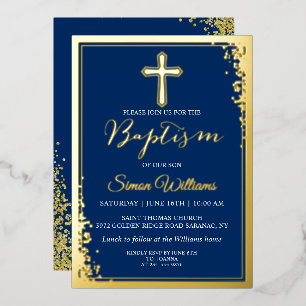 Invitation En Aluminium Baptême garçon bleu marine paillettes or véritable