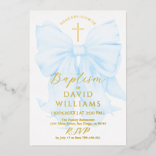 Invitation En Aluminium Baptême Gold et Blue Bow Boy Elegant Digital