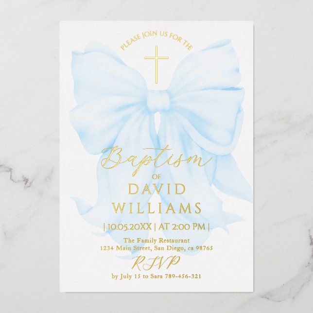 Invitation En Aluminium Baptême Gold et Blue Bow Boy Elegant Digital (Recto)