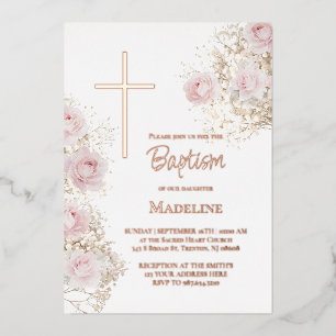 Invitation En Aluminium baptême gypsophile et roses roses