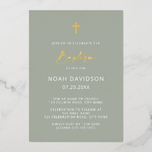 Invitation En Aluminium Baptême minimaliste gris vert et or métallisé