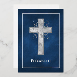 Invitation En Aluminium Baptême ou Christening Navy et Argent Filigrane F