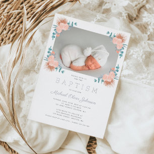 Invitation En Aluminium Baptême photo de garçon floral élégant