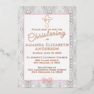 Invitation En Aluminium Baptême Rose Faux Lace / Christening