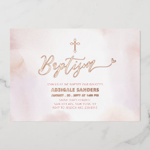 Invitation En Aluminium Baptême rose Gold & Pink Heart Girl