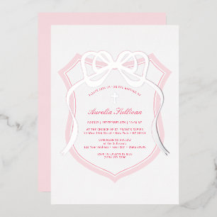 Invitation En Aluminium Baptême Silver Bow Pink Crest