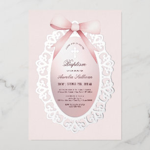Invitation En Aluminium Baptême vintage Argent Cadre rose Bow