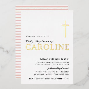Invitation En Aluminium BAPTISM moderne élégant croix jolie fille rose or 
